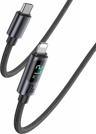 Snellaadkabel geschikt voor iPhone 14 / 13 / 12 / 11 / X / Xr / Xs / Pro / Max - USB-C naar Lightning Kabel met LED Display - 1.2 Meter - Gevlochten Nylon - 20W Snelladen & 480 Mbps Datakabel - Soepel & Stevig