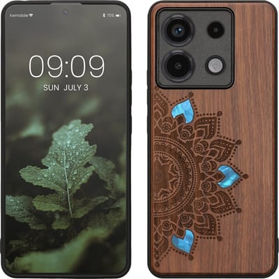 kwmobile telefoonhoesje geschikt voorXiaomi Redmi Note 13 Pro 5G / Poco X6 5G - Hoesje met bumper - hout - In donkerbruin Parelmoer mandala design