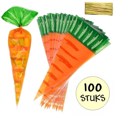 100x Cellofaan Puntzakken Wortel 40x20cm - Puntzak Wortels - Traktatie Zak - Uitdeelzak - Snoepzak - Inclusief Sluitstrips - 20x40cm - 100 Stuks