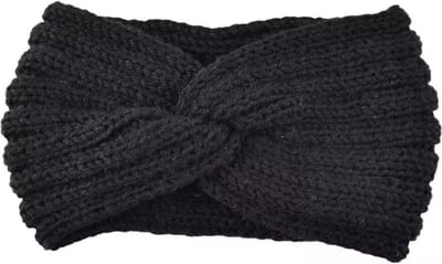 Gebreide Dames Oorwarmer - Winter Haarband - Hoofdband Zwart met Knoop