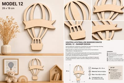 Houten Luchtballon Wanddecoratie Model 12 – Maan & Sterren Design – 28 × 18 cm – Laser Gesneden Berkenmultiplex – Kinderkamer Decoratie