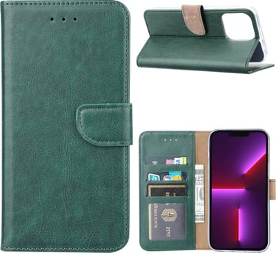 iPhone 14 Pro Hoesje met Pashouder - Bookcase iPhone 14 Pro - Groen - Vegan Leder - Magnetische Sluiting -  Geschikt voor Apple iPhone 14 Pro