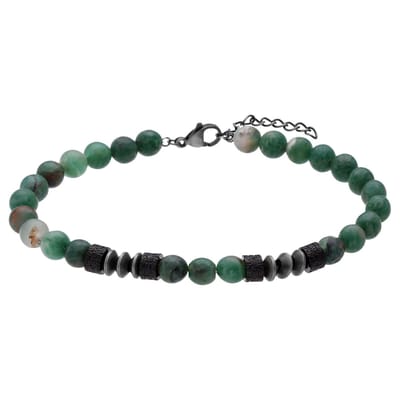 Lucardi - Heren Stainless steel herenkralenarmband groene jade - Armband - Staal - Zilverkleurig - 20 cm