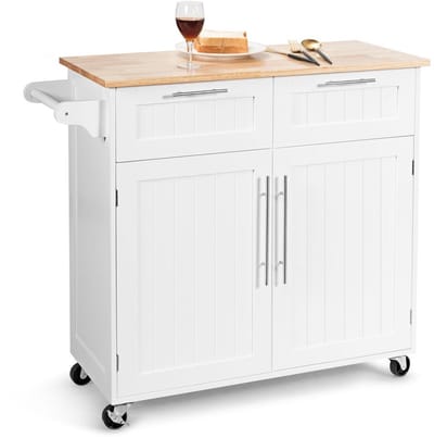Keukeneiland - Verplaatsbaar - Keukenkast - Dressoir - Organizer - Kasten - Houten Werkblad - Wit