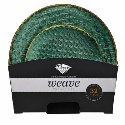 Decorline -32 Luxe herbruikbaar kunststof Party Set Groen & Goud Herbruikbaar Plastic Serviessets - Weave Collection. Duurzaam Plastic Serviesgoed voor Kerstmis,Bruiloften, Verjaardagen en Partys.