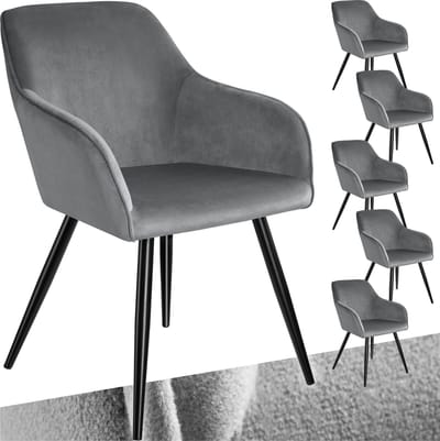 tectake® Eetkamerstoel Marilyn - Set van 6 - Met Armleuningen - Elegante Stoel met Gevoerde Zitting in Fluweellook - Gestoffeerd - Zwarte metalen poten - Ergonomische Keukenstoel - Stoel voor Woonkamer, Eetkamer en Slaapkamer - Grijs