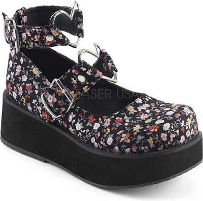 Sprite-02 plateau Mary Jane schoen met bloemen print en enkelbandjes zwart - (EU 36 = US 6) - Demonia