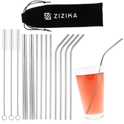 ZIZIKA Duurzame RVS Herbruikbare Rietjes - Lange Cocktail en Smoothie Drinkrietjes Herbruikbaar - BPA vrij - 14 Delige Set - Zilver
