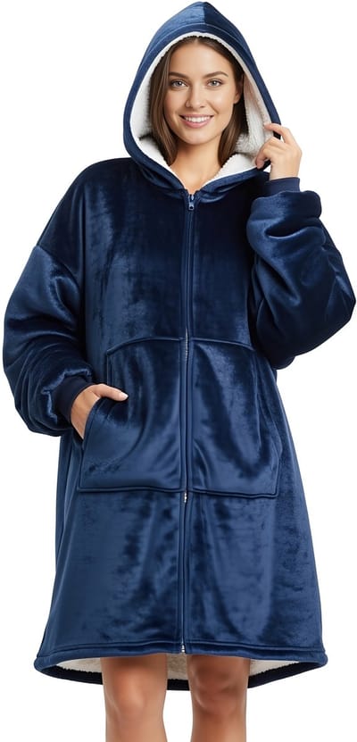 Hoodie Deken met Rits – Fleece Deken met Mouwen – Oversized Hoodie – Deken Trui – Navy Blue