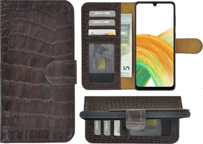 MoDo hoesje Geschikt voor Samsung Galaxy A34 - Echt Leer Book Case - Croco Chocoladebruin