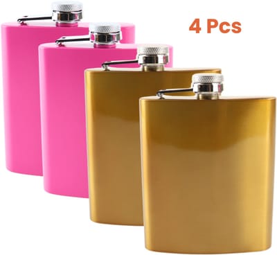 HIXA Heupfles - Goud en Roze - 4 Stuks - Flacon - Veldfles - RVS - Drinkfles - Platvink - Zakflacon Heupflacon - 200ml - GOLDY PINKY