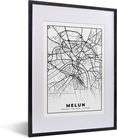 Fotolijst incl. Poster Zwart Wit- Frankrijk - Stadskaart - Plattegrond - Kaart - Melun - Zwart wit - 30x40 cm - Posterlijst