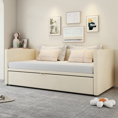 VVBV Slaapbank met Uitschuifbed 90/180x200 cm met Uitschuifbed, Lattenbodem - Fluweel Beige