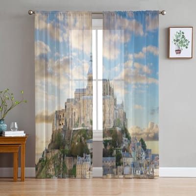 Close-up van Mont Saint Michel bij zonsondergang Frankrijk Tule Transparante Gordijnen voor Woonkamer Keukendecoratie Voile Organza Gordijnen 135W x 114H(cm) gray