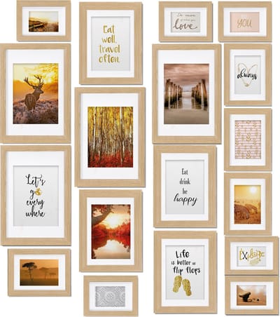 bomoe Passion Fotolijst Collage Eiken Hout 18 Fotolijsten (10,5x15cm, 13x18cm, 18x24cm, 20x30cm) Kunststof Glas Metalen Ophanging Standaard & Passepartout