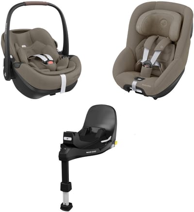 Maxi-Cosi 360 Pro Family bundel - Inclusief Pebble 360 Pro², Pearl 360 Pro-autostoelen met uitschuifbare, draaibare FamilyFix 360 Pro-base - vanaf de geboorte tot 4 jaar, Truffle