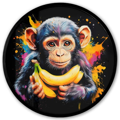 Poster in lijst Rond - Fotolijst 40x40 cm - Posters - Aap - Graffiti - Kleurrijk - Bananen - Modern - Ronde posterlijst zwart - Decoratie - Wanddecoratie woonkamer - Muurdecoratie slaapkamer