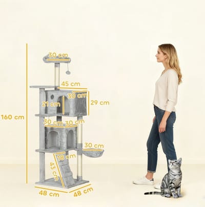 MEUNIQ Krabpaal 160 cm met meerdere niveaus, sisal krabpalen, kattenhuisje, hangmat, ladder en speelballen voor klimmen en rusten, lichtgrijs