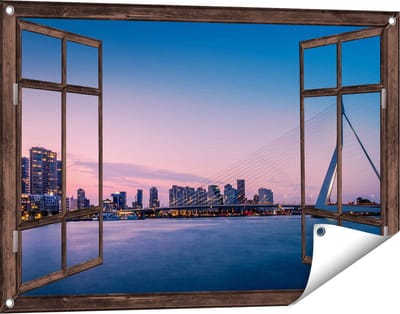 Gards Tuinposter Doorkijk Erasmusbrug in Rotterdam met Zonsondergang - 90x60 cm - Tuindoek - Tuindecoratie - Wanddecoratie buiten - Tuinschilderij
