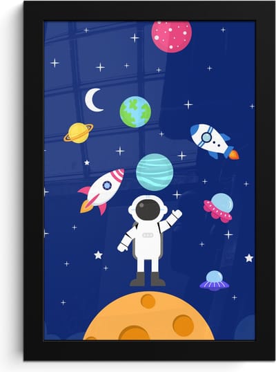 Poster in lijst - Fotolijst 20x30 cm - Posters - Ruimte - Astronaut - Raket - Blauw - Posterlijst zwart - Kamer decoratie - Wanddecoratie kinderkamer - Muurdecoratie babykamer