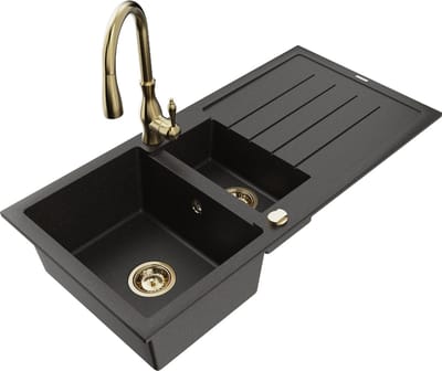 Mexen Andres granieten spoelbak 1,5-komer met afdruiprek en keukenkraan Savita, zwart/goud metallic- 6515-75-672601-50