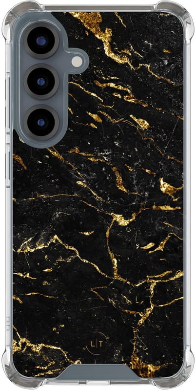 Shockproof hoesje - Geschikt voor Samsung Galaxy S25 - Marmer zwart goud - Extra sterke case - TPU/polycarbonaat - Marmer - Zwart, Goud, Transparant