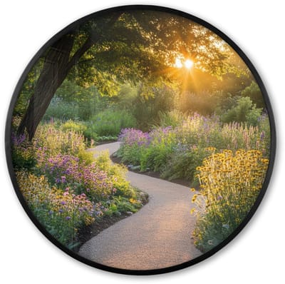 Poster in lijst Rond - Fotolijst 60x60 cm - Posters - Pad - Bloemen - Park - Ronde posterlijst zwart - Decoratie - Wanddecoratie woonkamer - Muurdecoratie slaapkamer