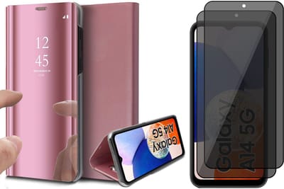 Hoesje geschikt voor Samsung Galaxy A14 - 2x Privacy Screen Protector FullGuard - Book Case Spiegel Roségoud & Screenprotector