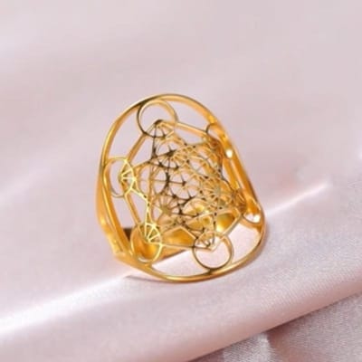 Heilige Geometrie Sieraden Metatron Kubus Ring Engelenzegel Aartsengel Bescherming Statement Uitgeholde Ringen Voor Vrouwen Magisch Hexagram resizable beige