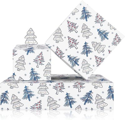 Dailygoods- Inpakpapier Feestdagen - 4 Vellen 50x70 cm - Cartoon Kerstboom/Rode Ballen - Winter Geschenkverpakking - Creatief voor Ambachten - Blauw/Wit Kleurenschema - Cadeaupapier
