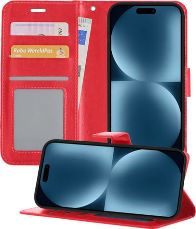Hoesje - Geschikt voor Apple iPhone 15 - Luxe Bookcase - Walletcase Hoes - Portemonnee - Cover - Telefoonhoes - Rood