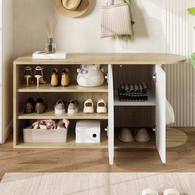 REDOM - Schoenenkast - Greeploos push-to-open ontwerp - Stabiele constructie met kantelbeveiliging - Franse stijl - Hal - Spaanplaat - Wit + Natuurlijk - 104 x 37 x 50 cm