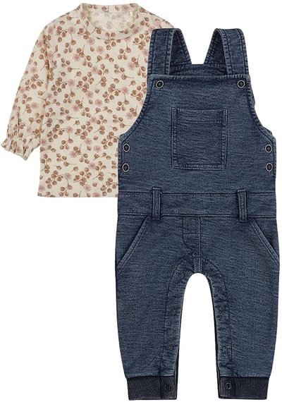 Dirkje - Basic Collection - BIO COTTON - Tuinbroek Blauw - Shirt Offwhite met bloemen - Maat 56