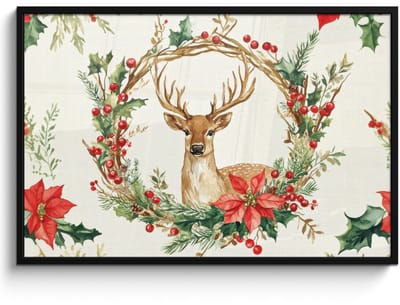 Poster in lijst - Fotolijst 120x80 cm - Posters - Kerstkrans - Hert - Hulst - Rood - Posterlijst zwart - Decoratie - Wanddecoratie woonkamer - Muurdecoratie slaapkamer - Kerstversiering - Kerstdecoratie voor binnen - Kerstmis