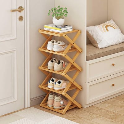 Dailygoods- Schoenenrek Bamboe 5 Laags - Opvouwbaar - Vrijstaand - Ruimtebesparend - Voor Ingang/Gang - 10x10x28 Inch - Schoenenopberger