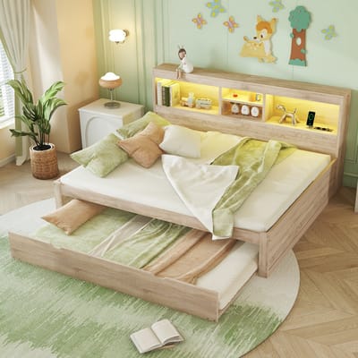 MODENUIT Slaapbank 140x200 cm – Uitschuifbaar Bed met Led – Opbergvak, Stopcontact en Usb – Zonder Matras – Naturel