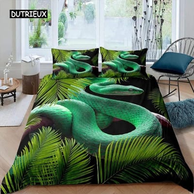 Slangen Dekbedovertrek Set Groene Slang Beddengoed Set Microvezel Dieren Thema Beddengoed voor Jongens Mannen Tweepersoons Queen King Size Dekbedovertrek AU Single(140x210cm)