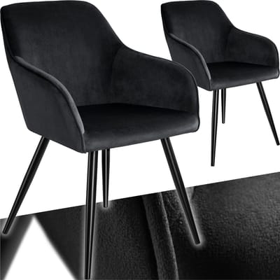 tectake® Eetkamerstoel Marilyn - Set van 2 - Met Armleuningen - Elegante Stoel met Gevoerde Zitting in Fluweellook - Gestoffeerd - Zwarte metalen poten - Ergonomische Keukenstoel - Stoel voor Woonkamer, Eetkamer en Slaapkamer - Zwart