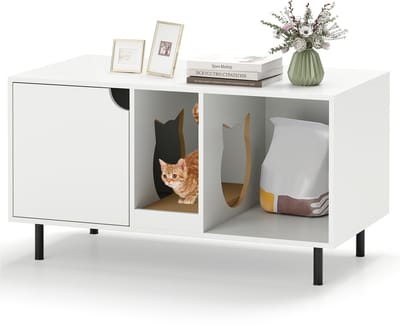 COSTWAY Kattenkast voor kattentoilet, kattenbakkast met krabplank en ingang in kattenvorm, deur en metalen poten, tot 120 kg, kattenhuis kattenmeubel voor katten, honden, huisdieren, 100 x 52 x 55 cm
