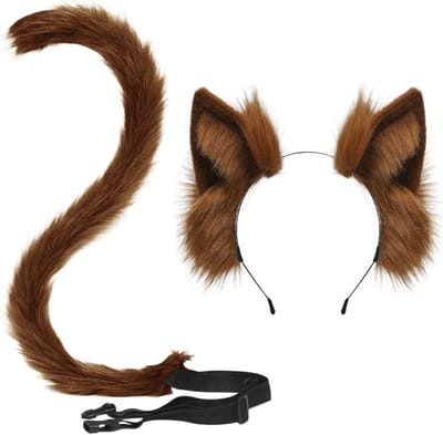 Halloween Kostuum Set met Kat Oren en Staart van Neppels, Dieren Thema Feest Outfit, Schattige Haarklemmen en Accessoires, Bruin, One Size