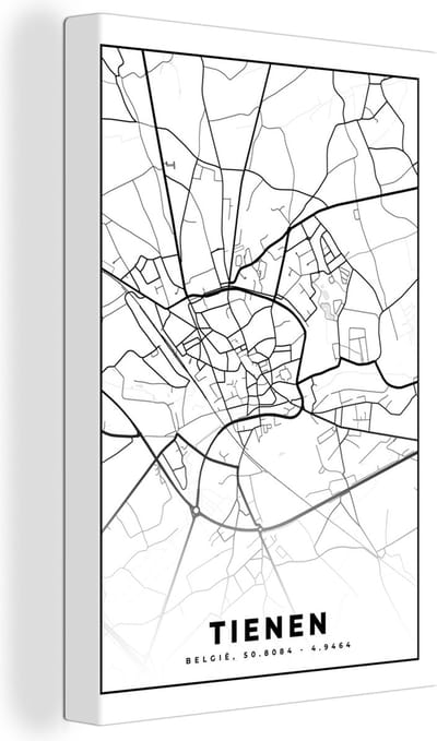 Canvas Schilderij België – Tienen – Stadskaart – Kaart – Zwart Wit – Plattegrond - 20x30 cm - Wanddecoratie