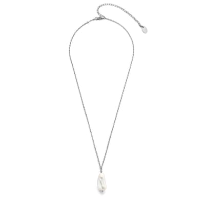 CO88 Collection 8CN-26255 Stalen Ketting met Hanger - Dames - Parel - 13,5 x 9,5 mm - Ankerschakel - 2 mm Dikte - 42 + 8 cm - Zilverkleurig