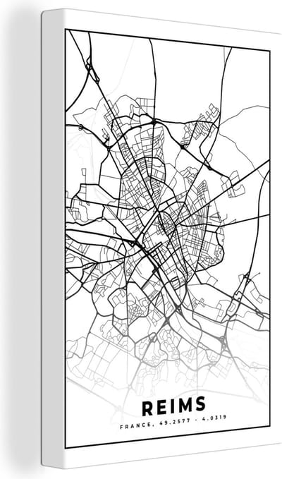 Canvas Schilderij Kaart - Plattegrond - Reims - Frankrijk - Stadskaart - Zwart wit - 20x30 cm - Wanddecoratie
