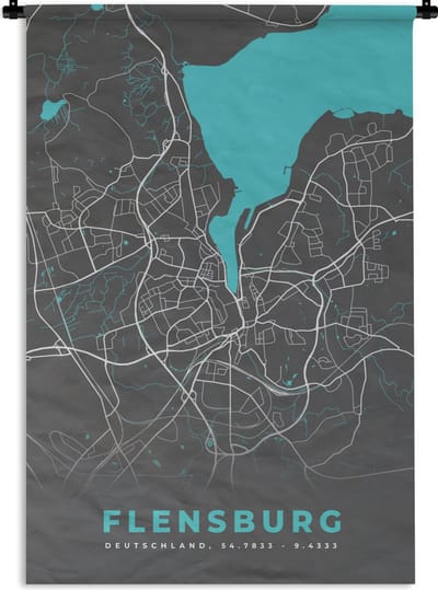 Wandkleed - Wanddoek - Stadskaart – Plattegrond – Duitsland – Blauw – Flensburg – Kaart - 120x180 cm - Wandtapijt