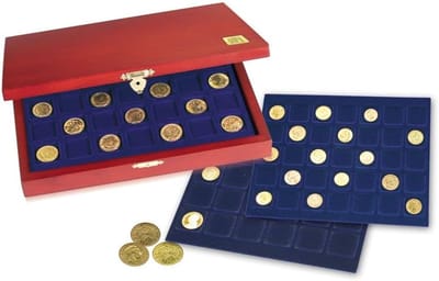 Muntencassette Hout - Euro Munt Opslag - Verzamelen Bewaren - Uitneembare Tableaus - 255 x 210 x 40 mm - Bruin