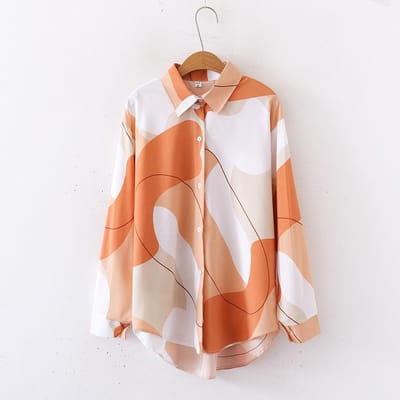 Dames Nieuw Bloemenprint Losse Kraag Lange Mouw Modieus Shirt XL oranje