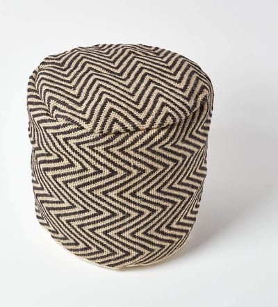 Zwart en natuurlijk beige ronde zitzak met visgraatmotief en vulling - 45 cm rond x 40 cm hoog