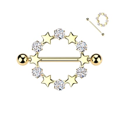 Tepelpiercing ster en steen schild 1.6x14 - goud - LMPiercings