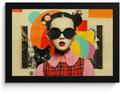 Poster in lijst - Fotolijst 30x20 cm - Posters - Meisje - Zonnebril - Kat - Retro - Posterlijst zwart - Decoratie - Wanddecoratie woonkamer - Muurdecoratie slaapkamer