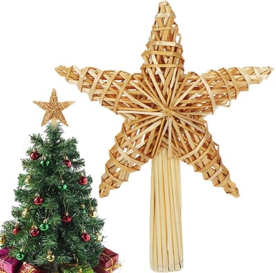 Dailygoods- Kerstboompiek 20 x 30,5 cm - Ster van Natuurlijk Stro - Handgemaakt - Kerstster met Verlichting - Driedimensionaal - Perfecte Decoratie